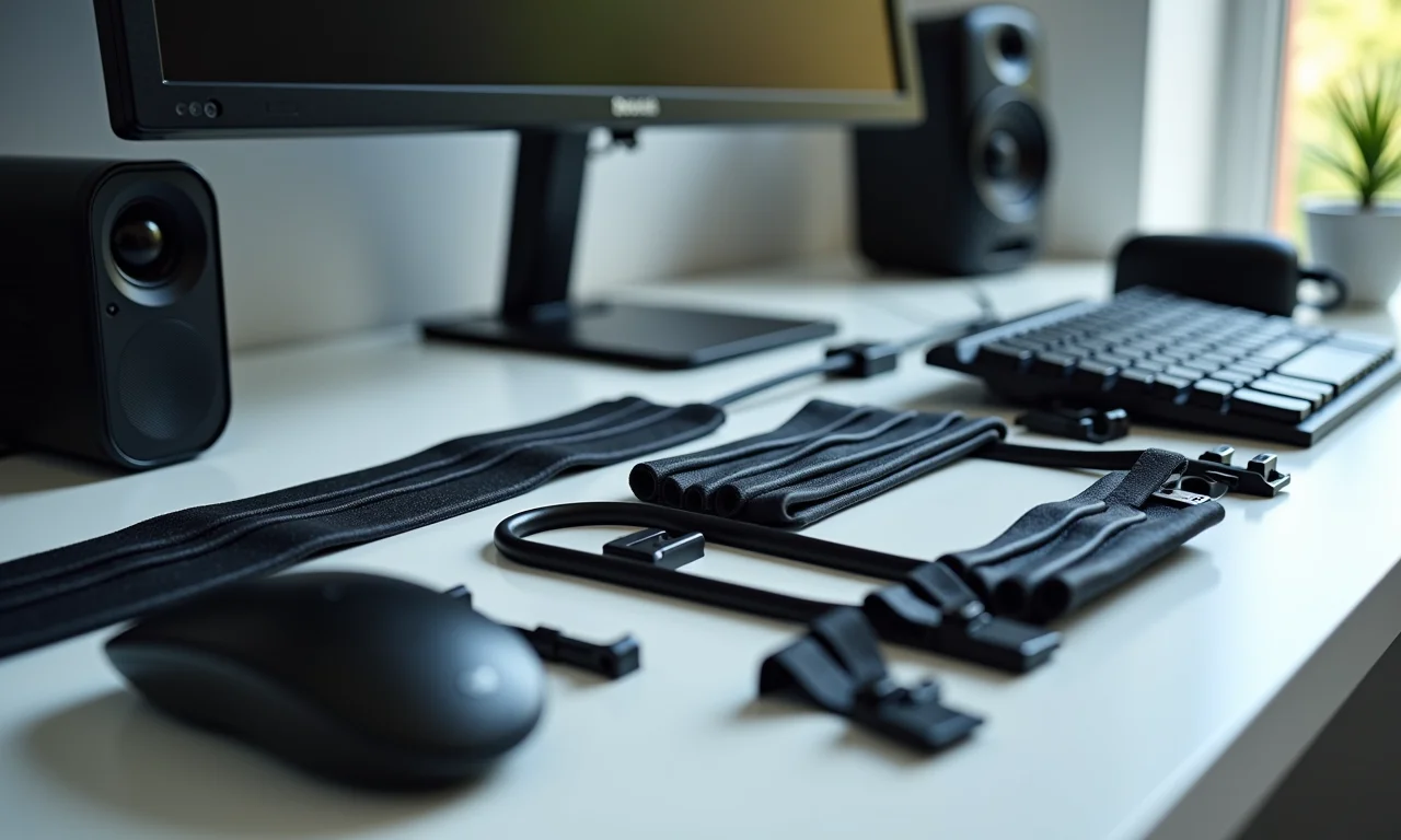 Organizadores de cabos em uma mesa.