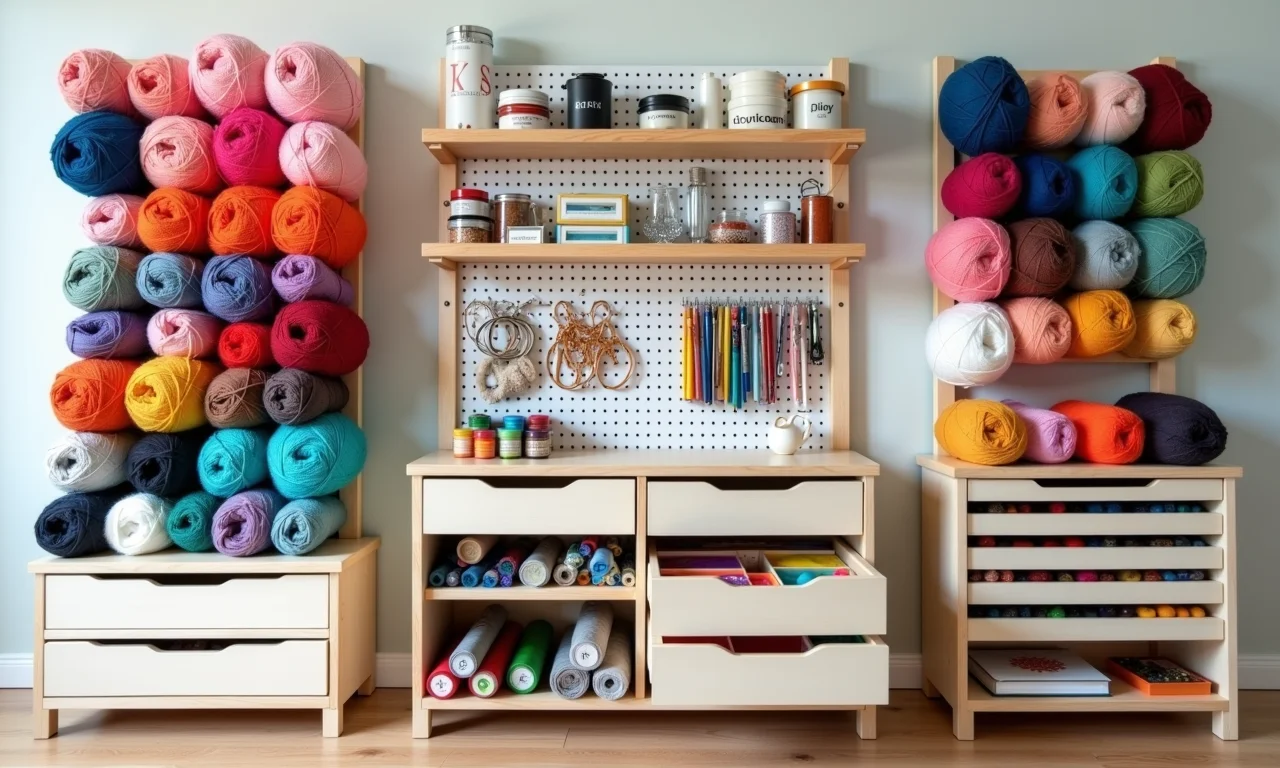 Organizadores verticais para materiais de artesanato.