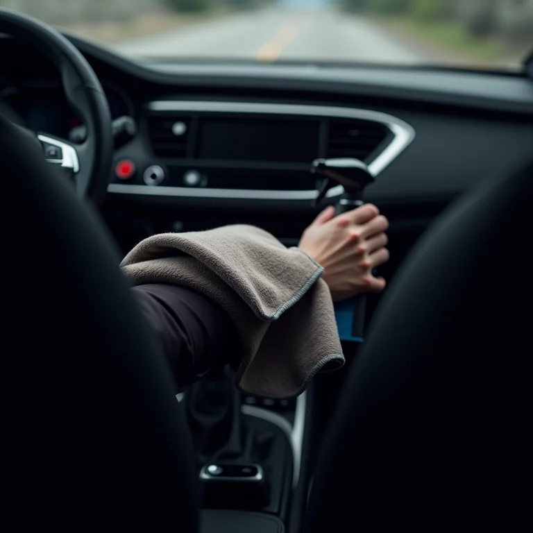 Painel de carro sendo limpo com spray