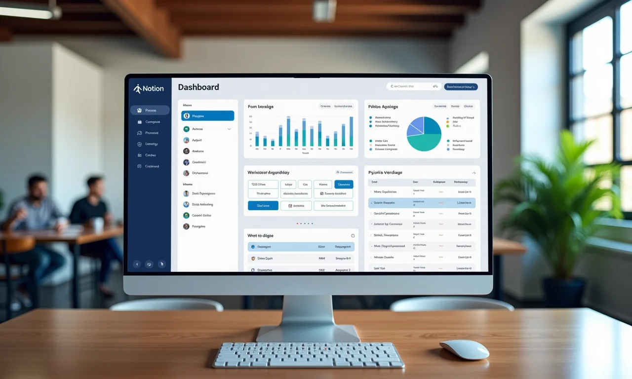 Painel de controle personalizado no Notion exibido em um monitor grande.