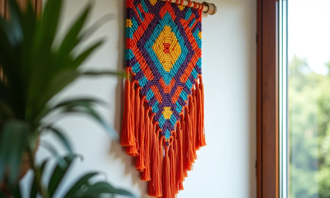 Painel de macramê artesanal e arte popular vibrante.