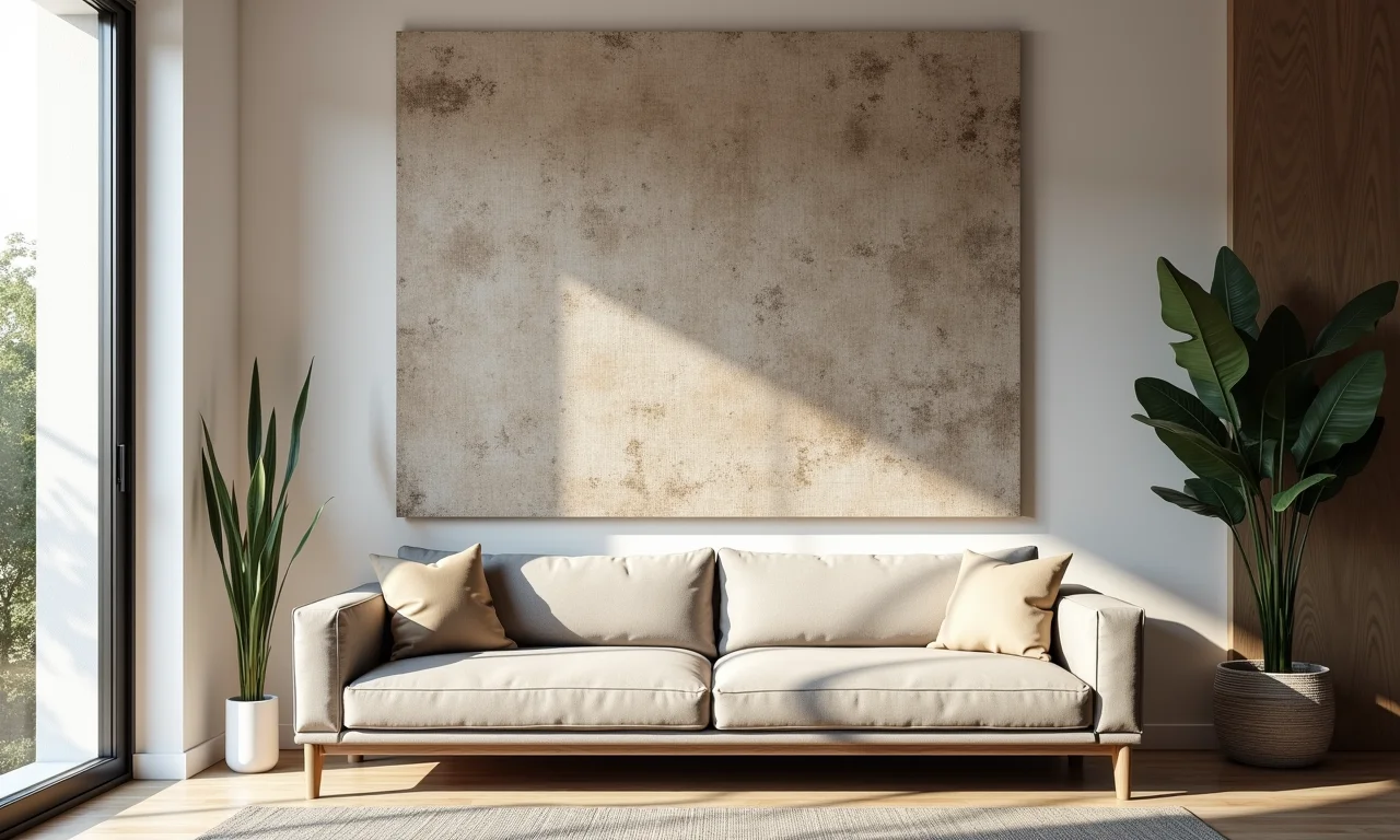 Painel de tecido texturizado na parede da sala, arte abstrata.