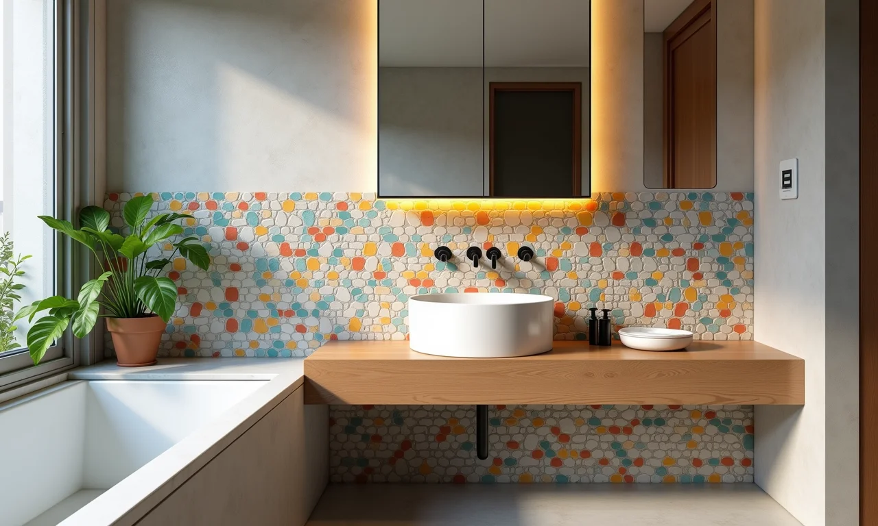 Painel decorativo de pastilhas no banheiro.