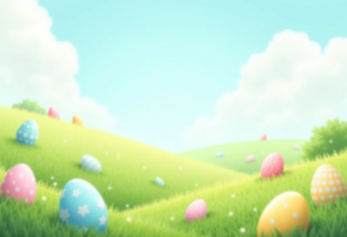 Paisagem de Páscoa com colinas, nuvens e ovos gigantes
