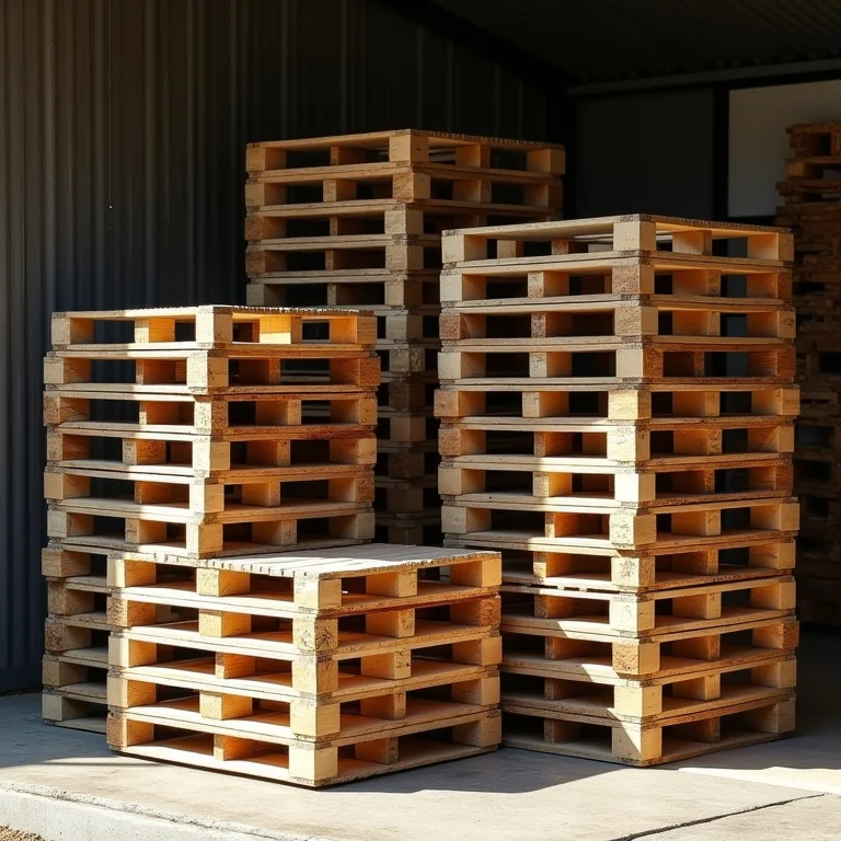 Pallets e caixotes de madeira empilhados, prontos para serem reaproveitados