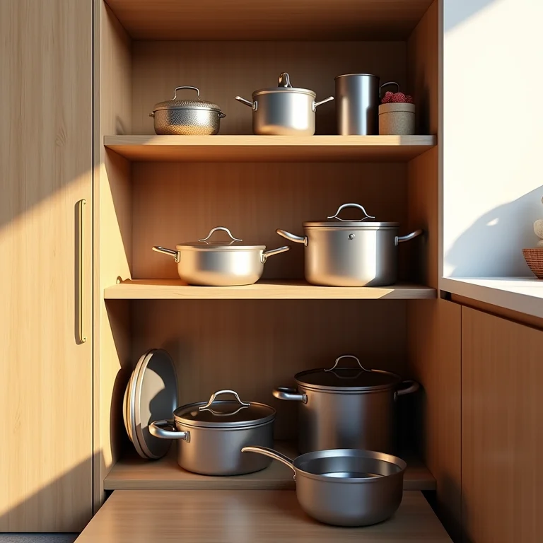 Panelas armazenadas em armário de canto com prateleiras deslizantes.