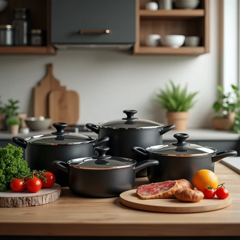 Panelas e tampas agrupadas por tamanho e tipo.