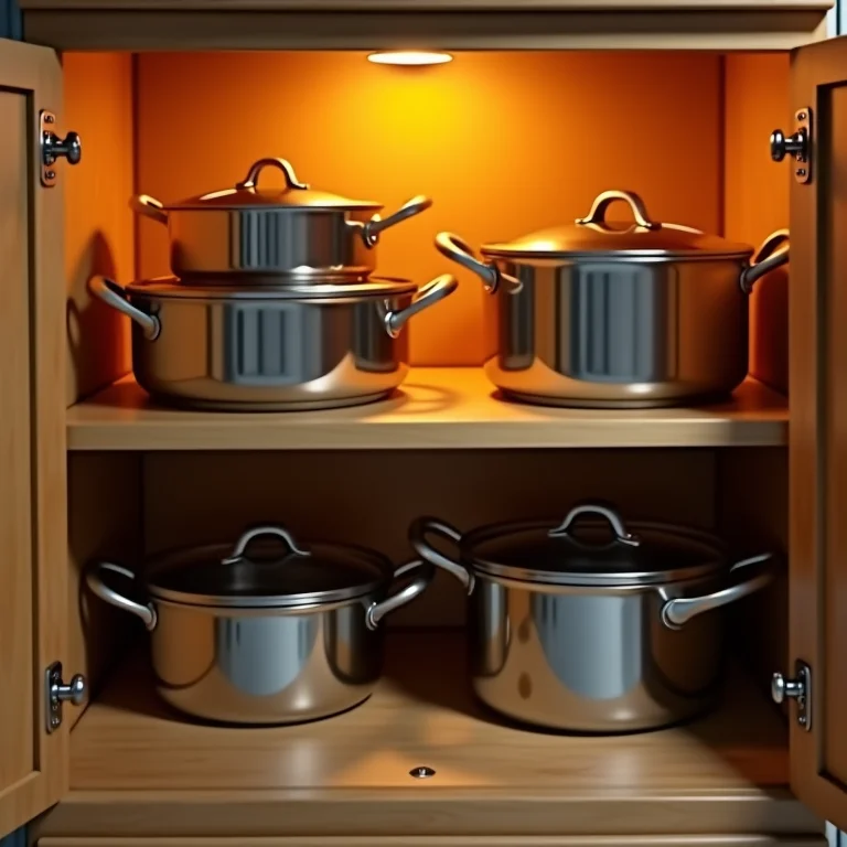 Panelas organizadas dentro do armário.