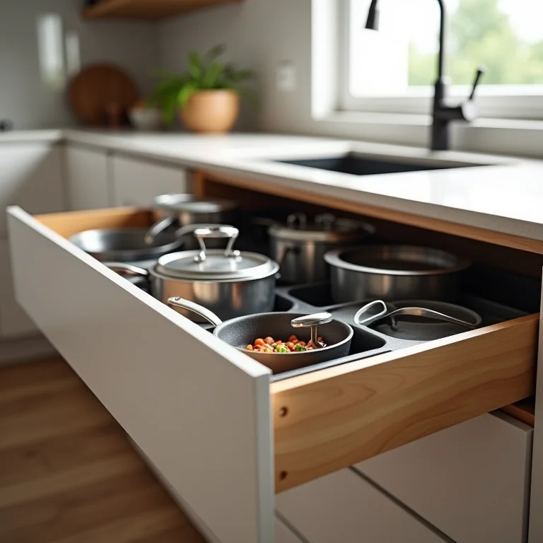 Panelas organizadas em gavetas.