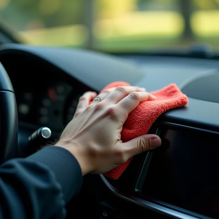 Pano de microfibra limpando painel de carro