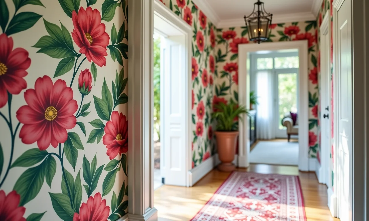Papel de parede floral vibrante no hall de entrada, adicionando um toque especial.
