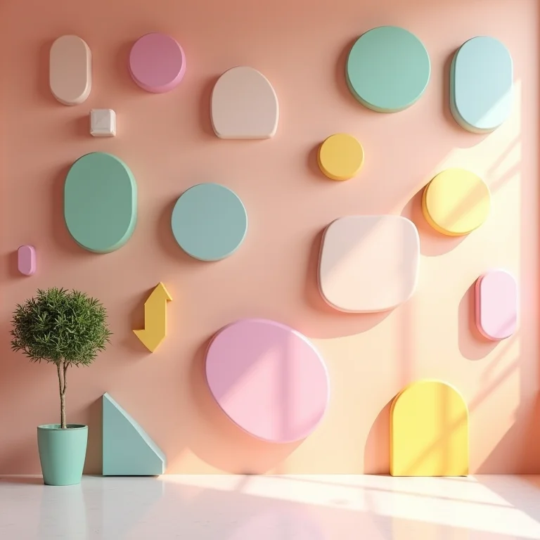 Parede com formas geométricas aleatórias em diversas cores