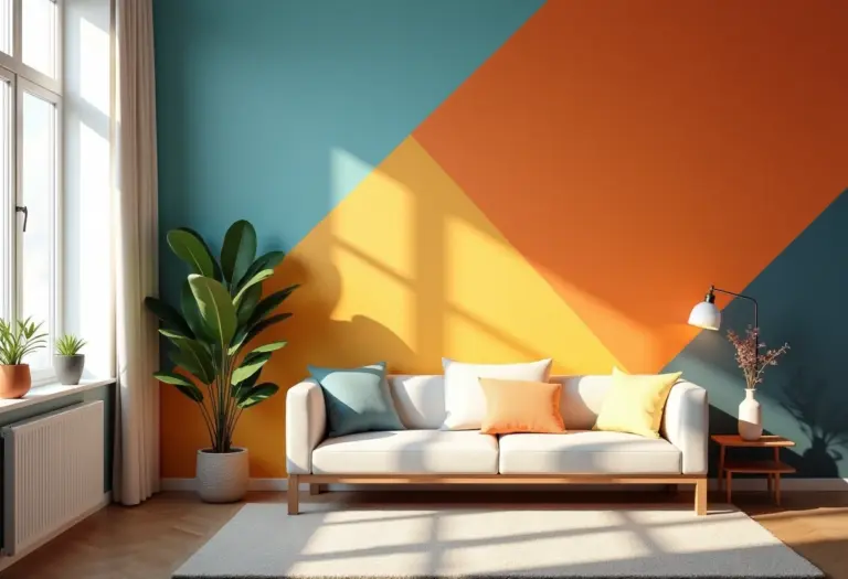Parede com pintura geométrica colorida em sala de estar moderna