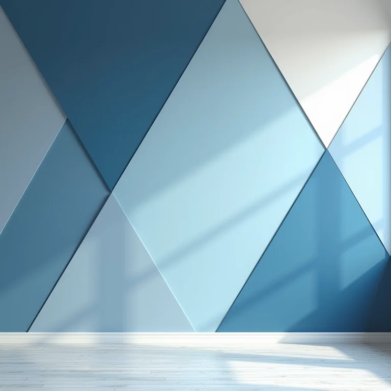 Parede com pintura geométrica de triângulos em tons de azul e cinza
