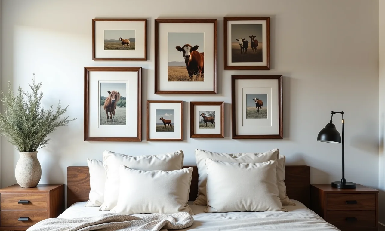 Parede da cama com quadros e obras de arte diversas.