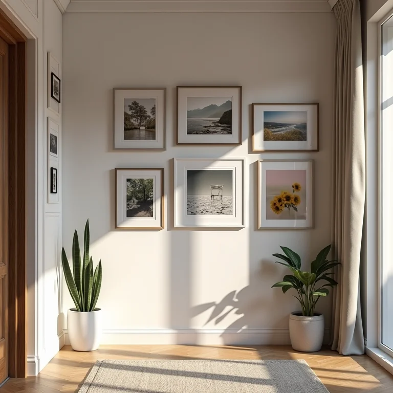 Parede de corredor decorada com quadros e fotos