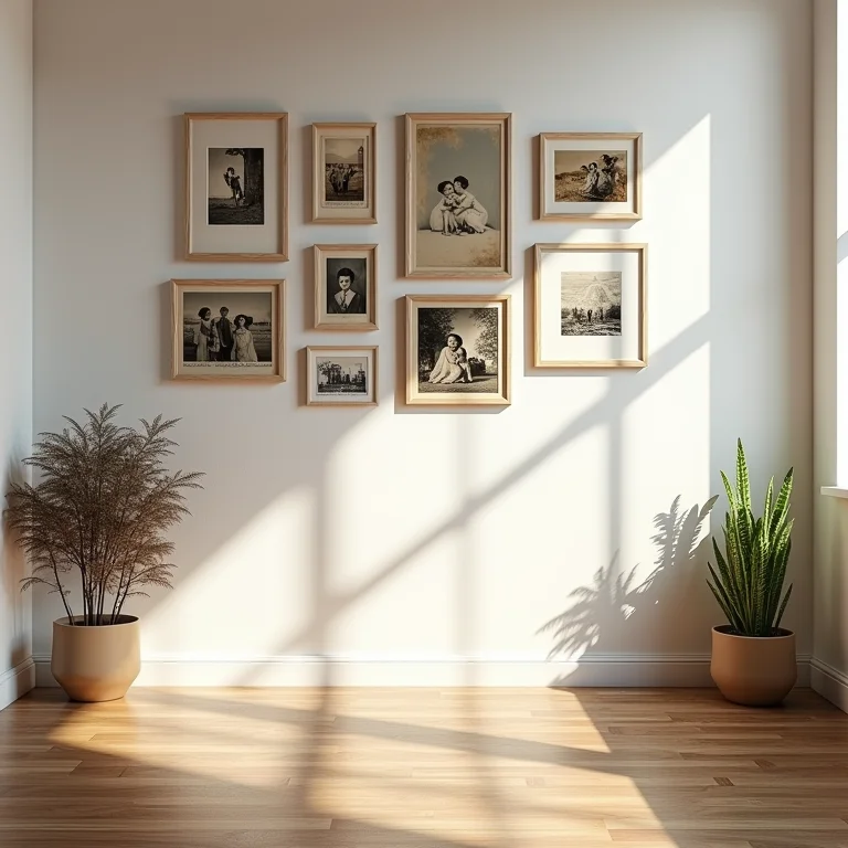 Parede de galeria com fotos de família e lembranças, valorizando as memórias afetivas.