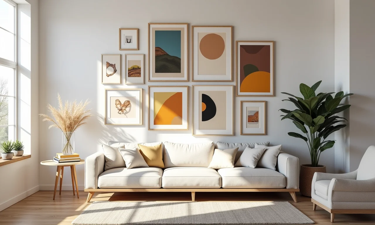 Parede de galeria com vários quadros abstratos, composição.