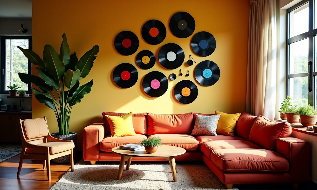 Parede decorada com discos de vinil em sala de estar aconchegante.