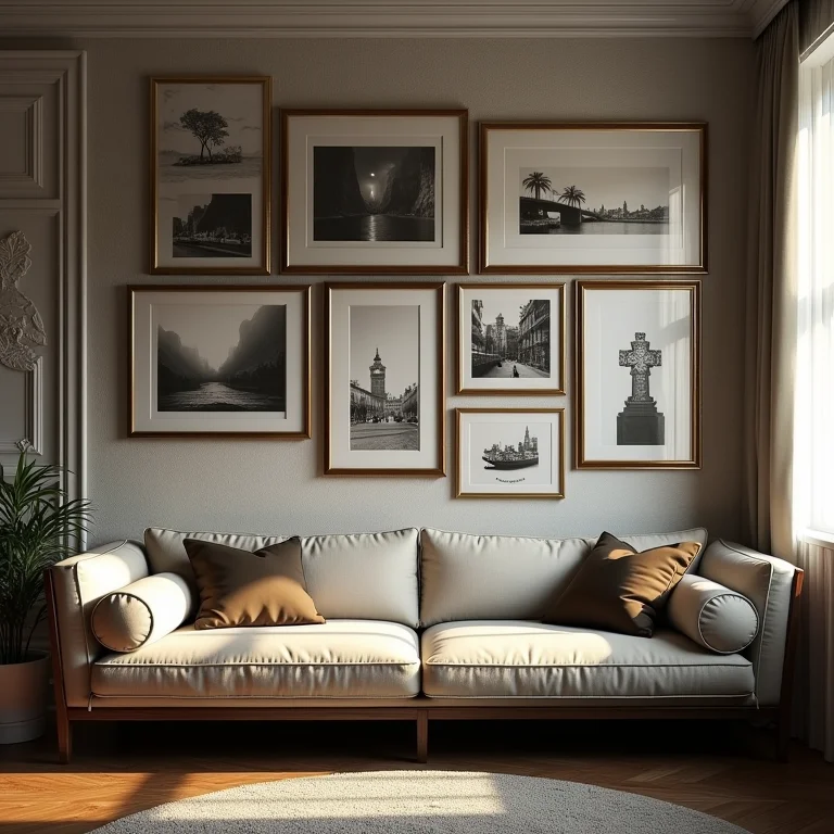 Parede desorganizada com quadros desalinhados