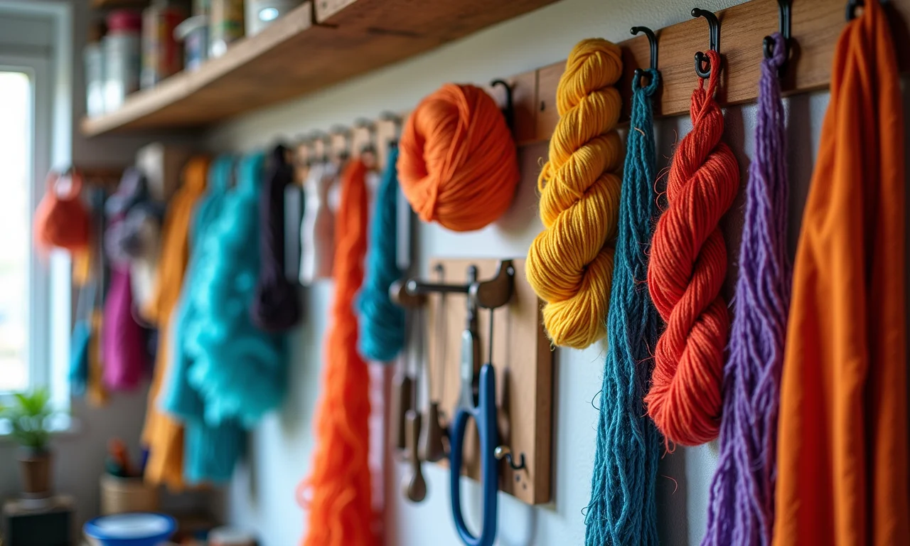 Paredes com ganchos e varões para organizar materiais de artesanato.