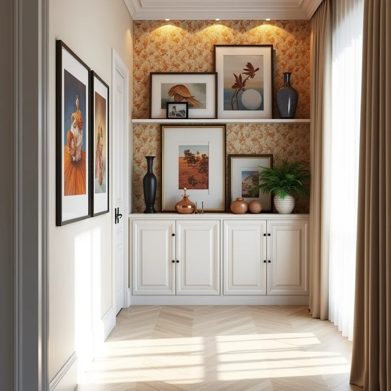 Paredes de corredor exploradas com arte e decoração