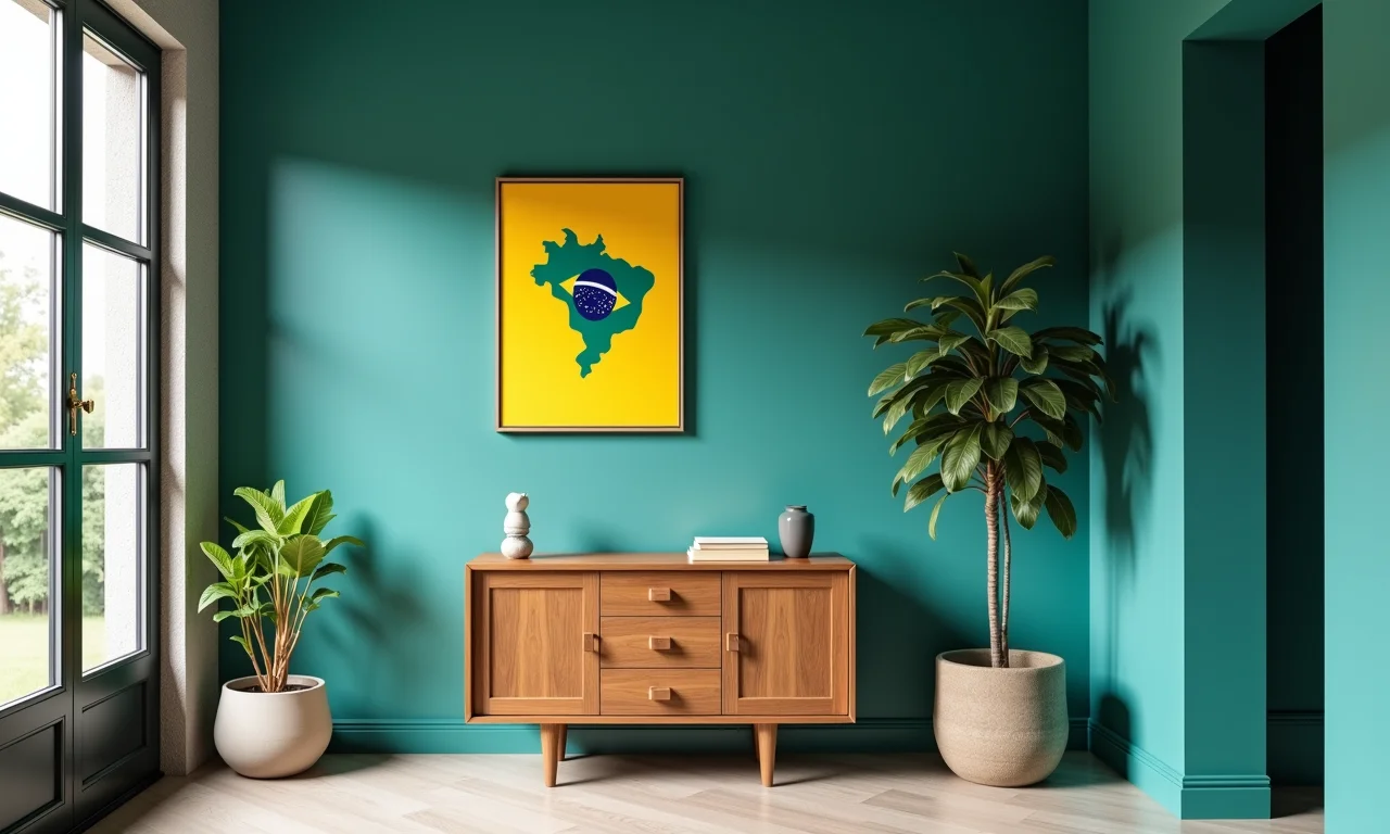 Paredes vibrantes em azul turquesa no hall de entrada com arte brasileira.