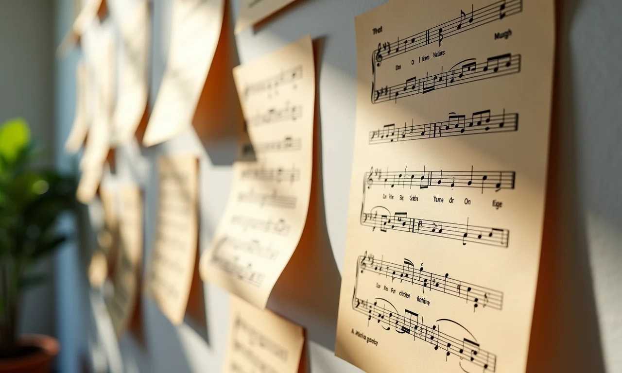 Partituras e letras de música como detalhes que contam histórias na parede.