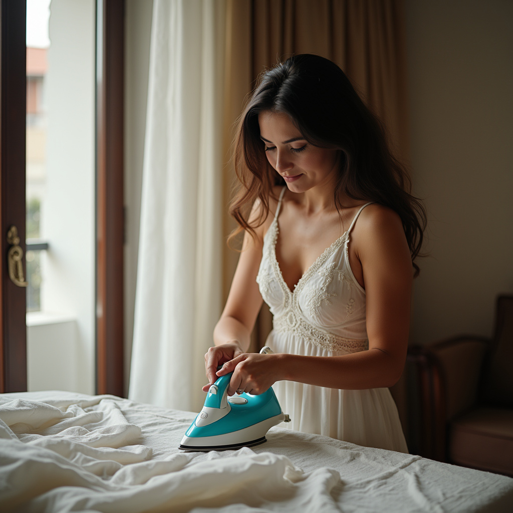 Passadeira carefully ironing delicate dress in São Paulo apartment, focus on fabric. Professional Passadeira cuidando de roupa especial em SP.