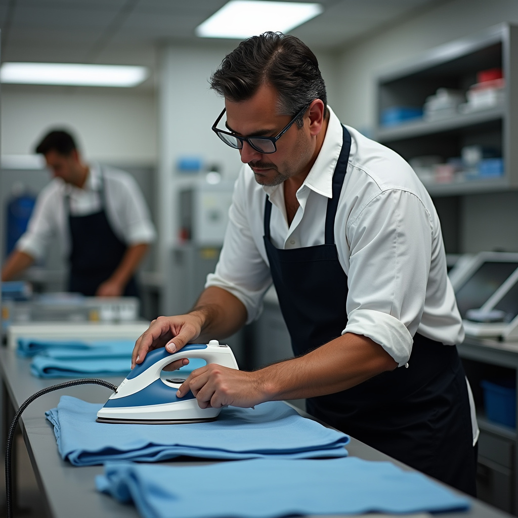 Passadeira ironing uniforms in a small São Paulo business, clean and professional. Commercial Passadeira uniformes para empresa em São Paulo.