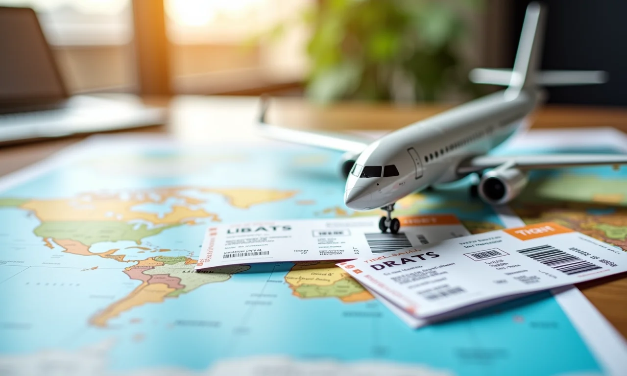 Passagens aéreas e rodoviárias sobre uma mesa com um mapa.