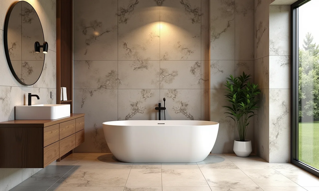 Pastilhas que imitam pedra no banheiro.