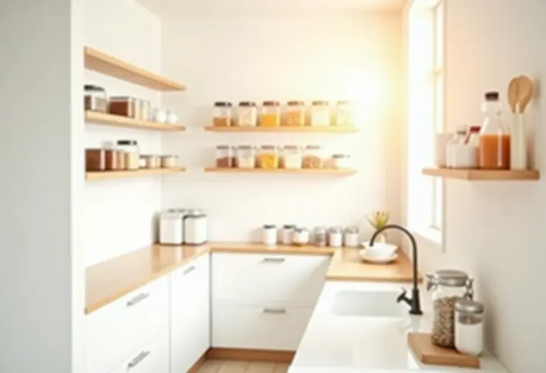 Pequena despensa organizada com soluções inteligentes para otimizar o espaço.
