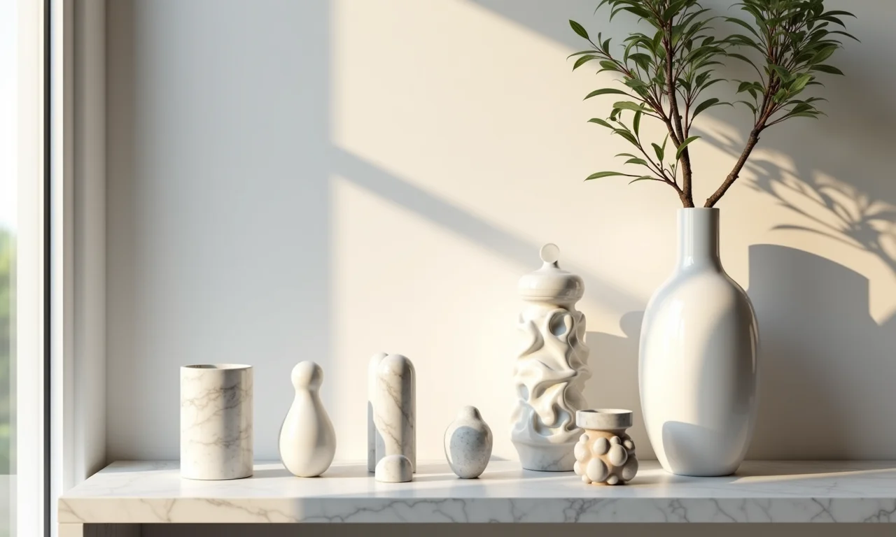 Pequenas esculturas e peças decorativas em mármore.