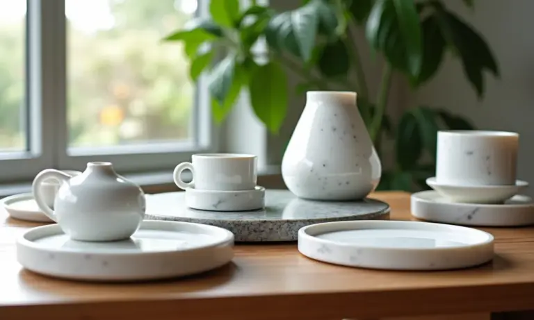 Pequenos objetos de mármore decorativos em mesa de madeira.