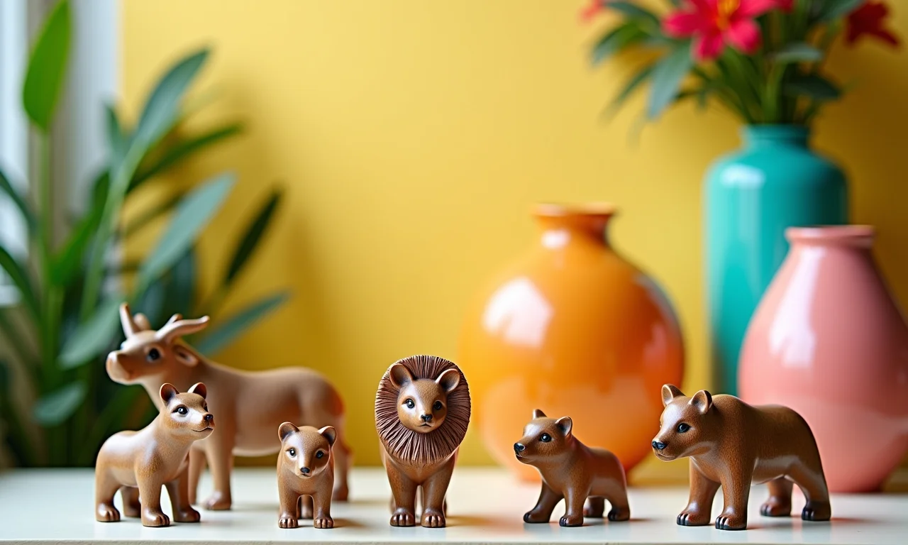 Pequenos objetos decorativos com tema de selva em madeira e cores vibrantes.