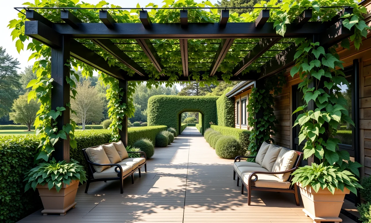 Pergolado de ferro com trepadeiras criando uma área sombreada.