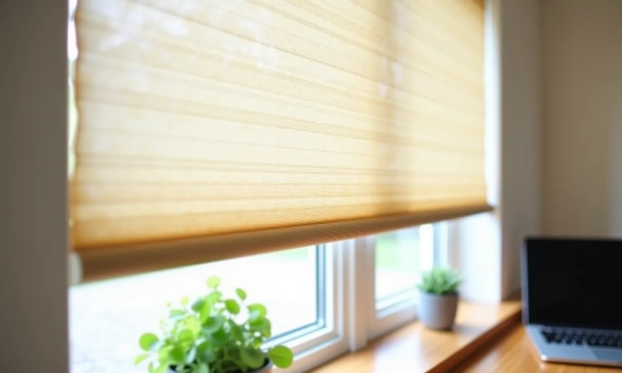 Persianas rolô ajustáveis controlando a luz em um escritório.
