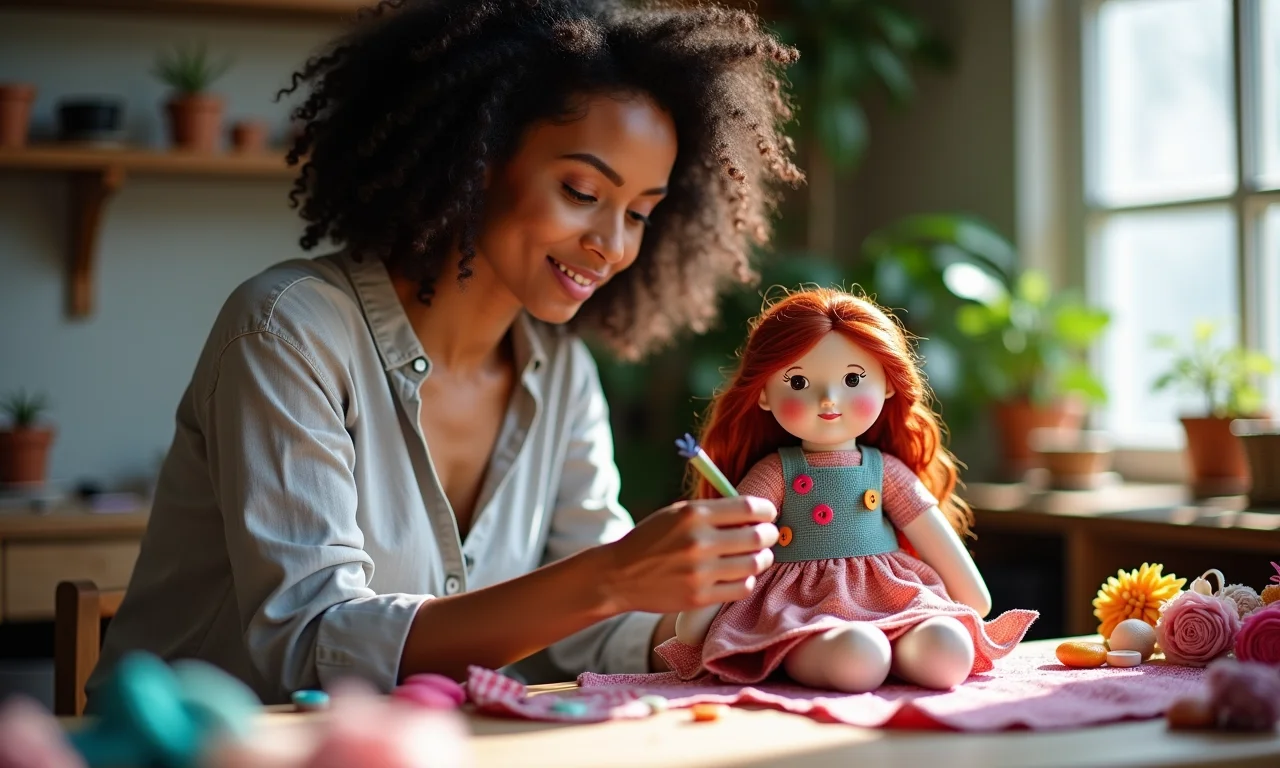 Personalização criativa de uma boneca de pano com tecidos e botões.