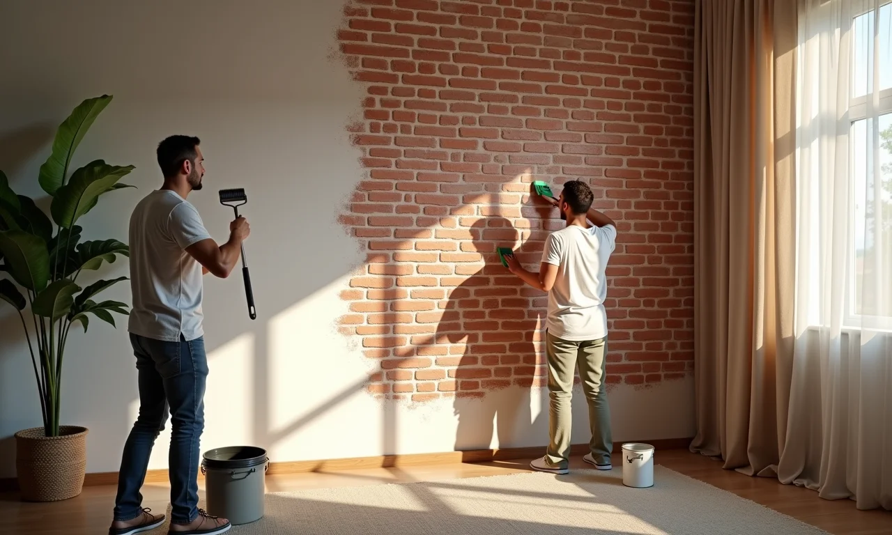 Pessoa aplicando tinta texturizada que imita tijolinho.