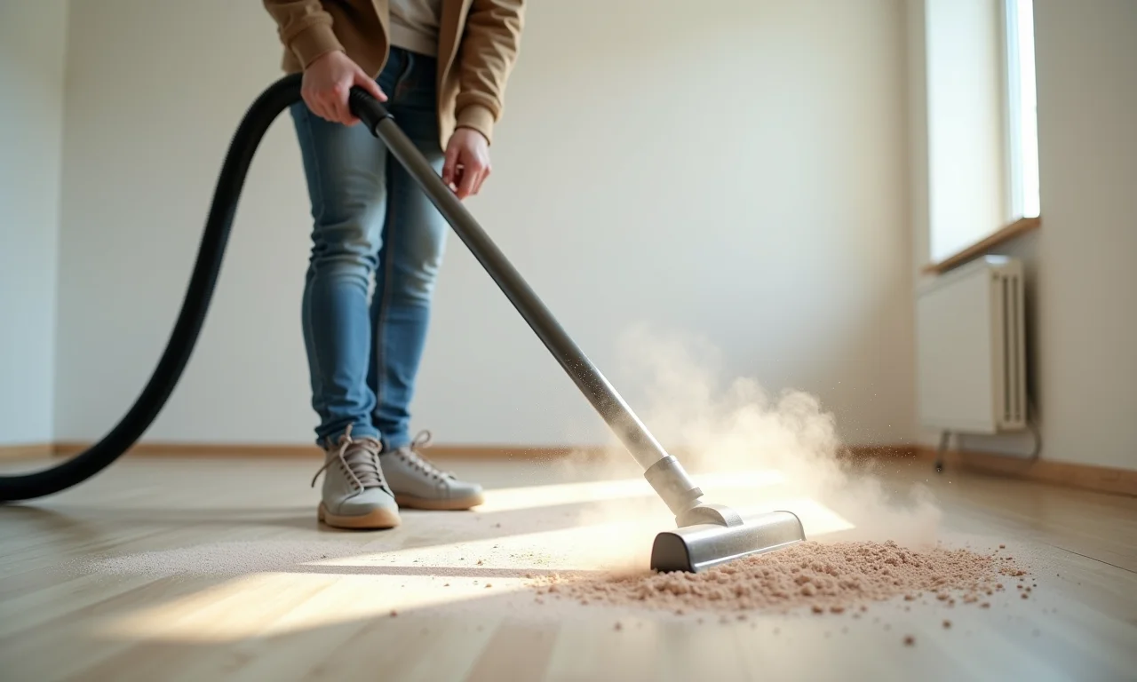 Pessoa aspirando poeira grossa em ambiente pós obra.