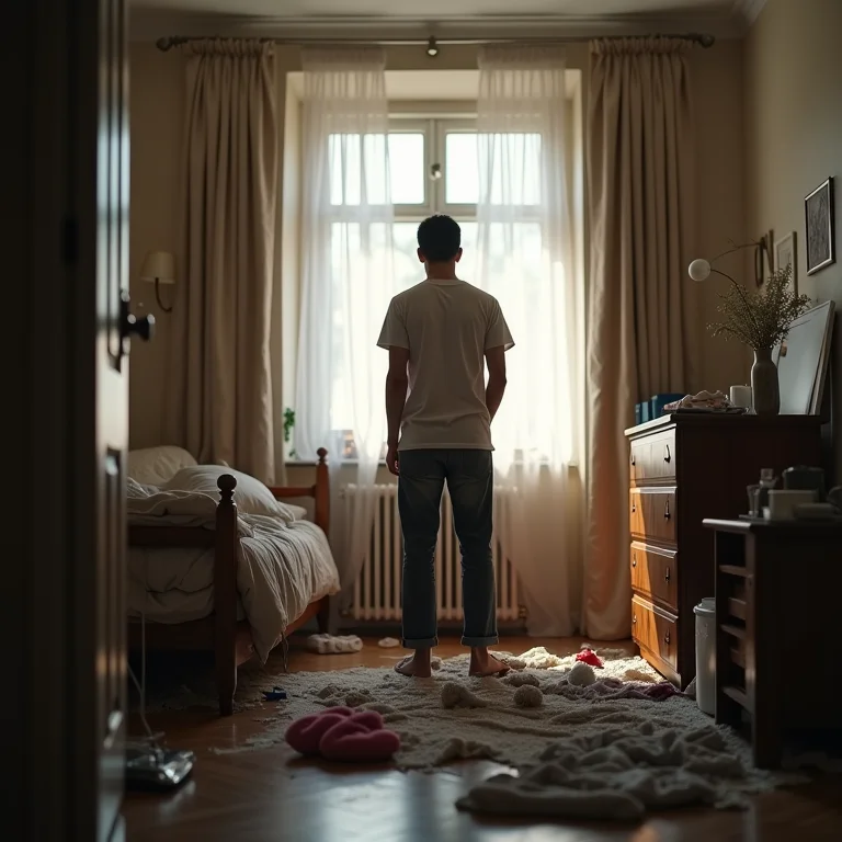 Pessoa avaliando uma sala bagunçada antes de começar a limpeza.
