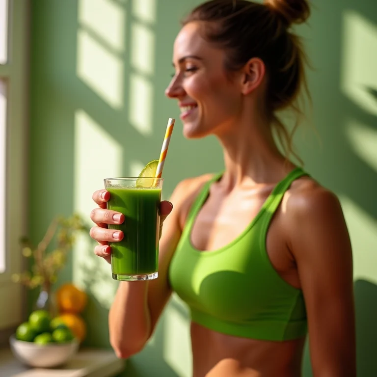 Pessoa bebendo suco verde após o treino.