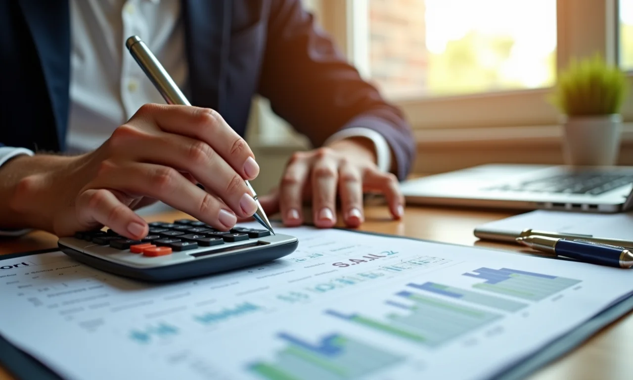 Pessoa calculando orçamento para limpeza de eventos com calculadora e planilha.