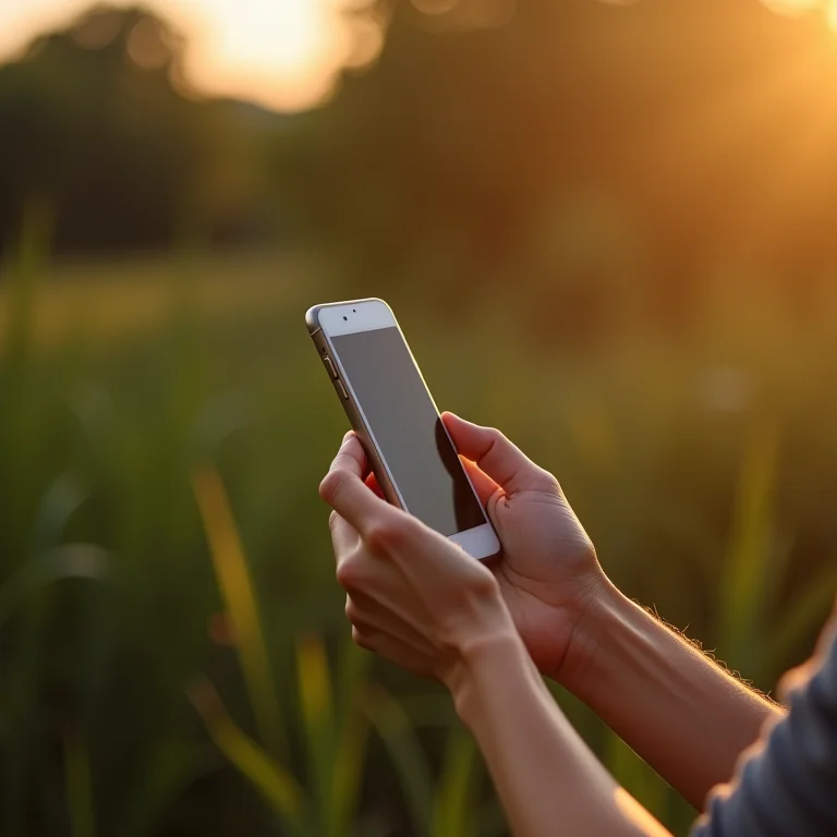 Pessoa desligando smartphone com fundo de natureza exuberante.