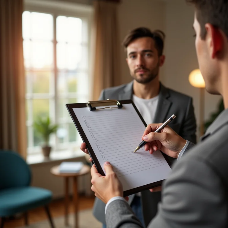 Pessoa fazendo uma lista de tarefas em uma prancheta enquanto inspeciona um cômodo.