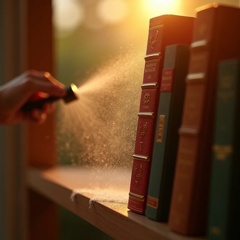 Pessoa limpando a parte superior de uma estante de livros.