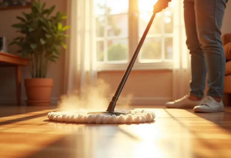 Pessoa limpando piso de madeira com rodo mágico