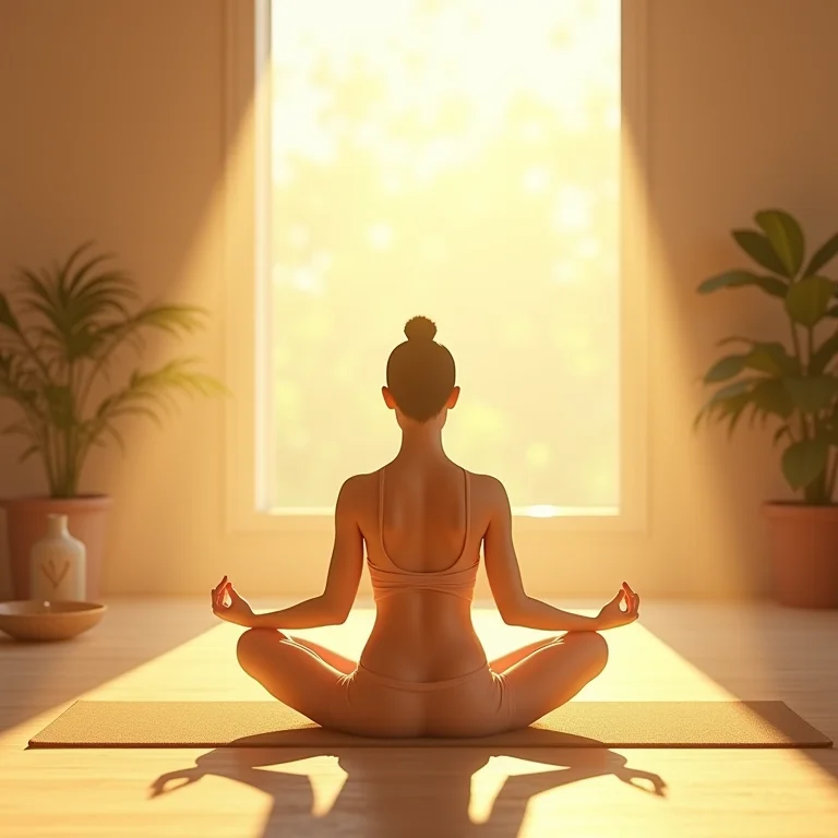 Pessoa meditando em ambiente zen com luz suave da manhã.