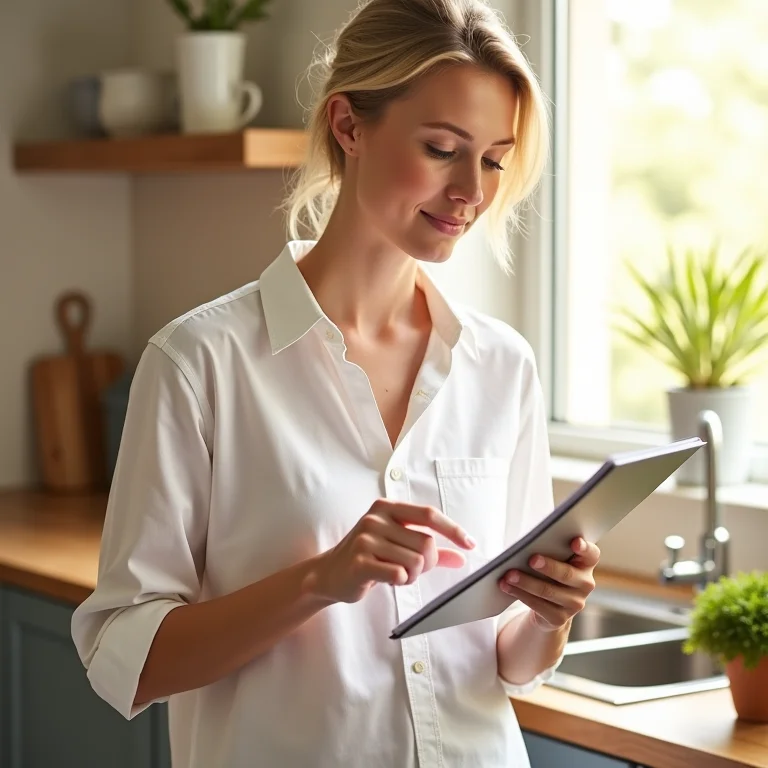 Pessoa olhando para um checklist de limpeza em uma cozinha ensolarada.